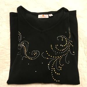 QF black 3/4 sleeve v-neck shirt embellished with rhinestones (2X)